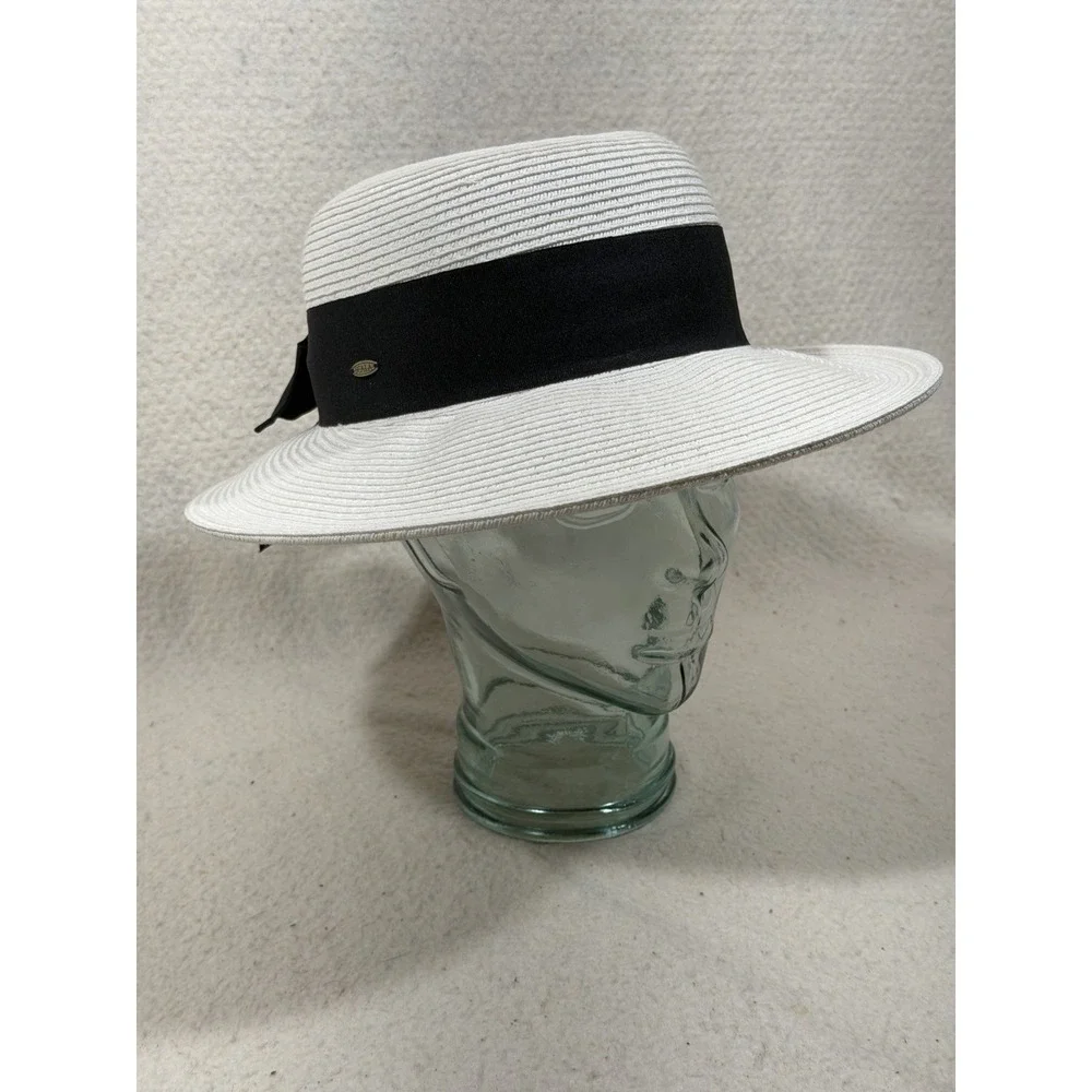 Scala Womens White Wide Brim Sun Hat Black Bow Ribbon Coastal Elegant Derby